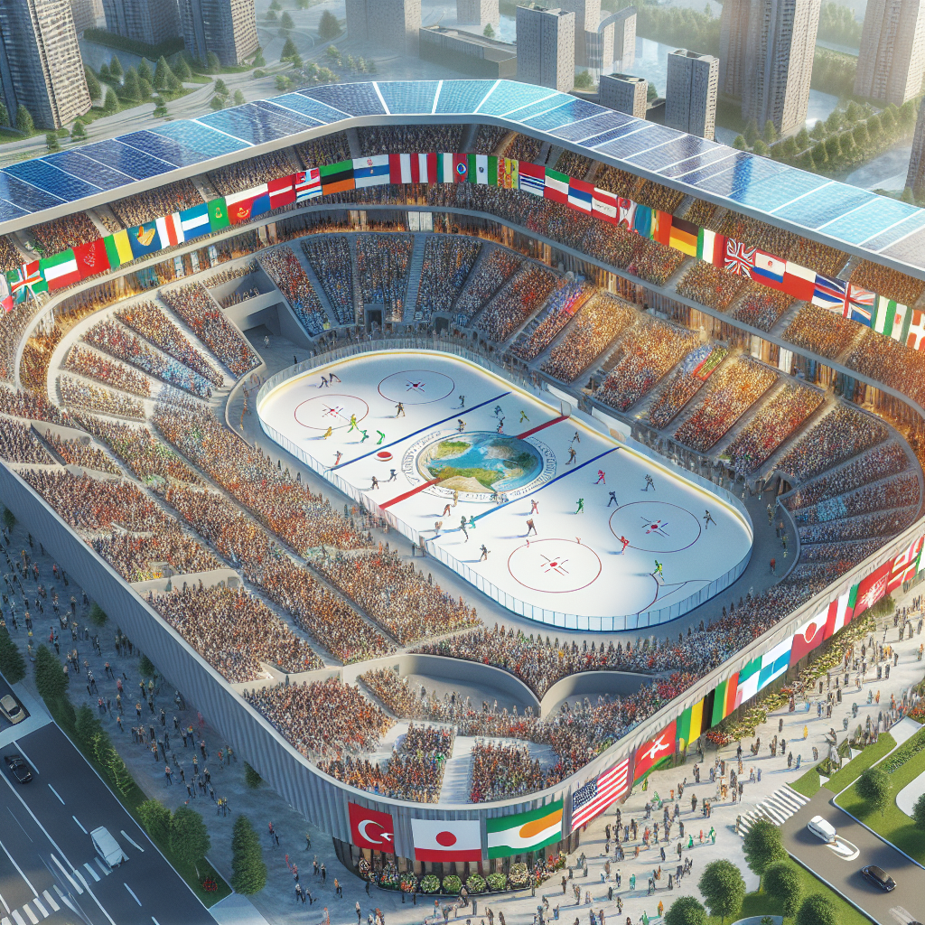 Oversiktsbilde av en moderne innendørs skøytearena fra luften, med internasjonale flagg, publikum og bærekraftige løsninger som solcellepaneler og grønt tak.