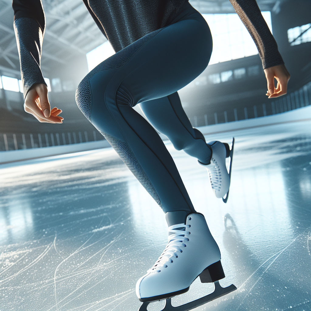 Idrettsutøver som trener skøytefraskyv på is, nærbilde, moderne treningstøy, klar blå isflate, fokus på teknikk og bevegelse