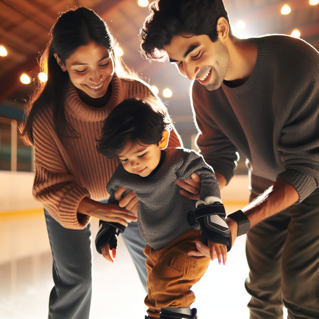 Foreldre som hjelper barn med skøyter i en innendørs ishall, varm og støttende atmosfære, moderne skøyteutstyr, fokus på trygghet og fellesskap