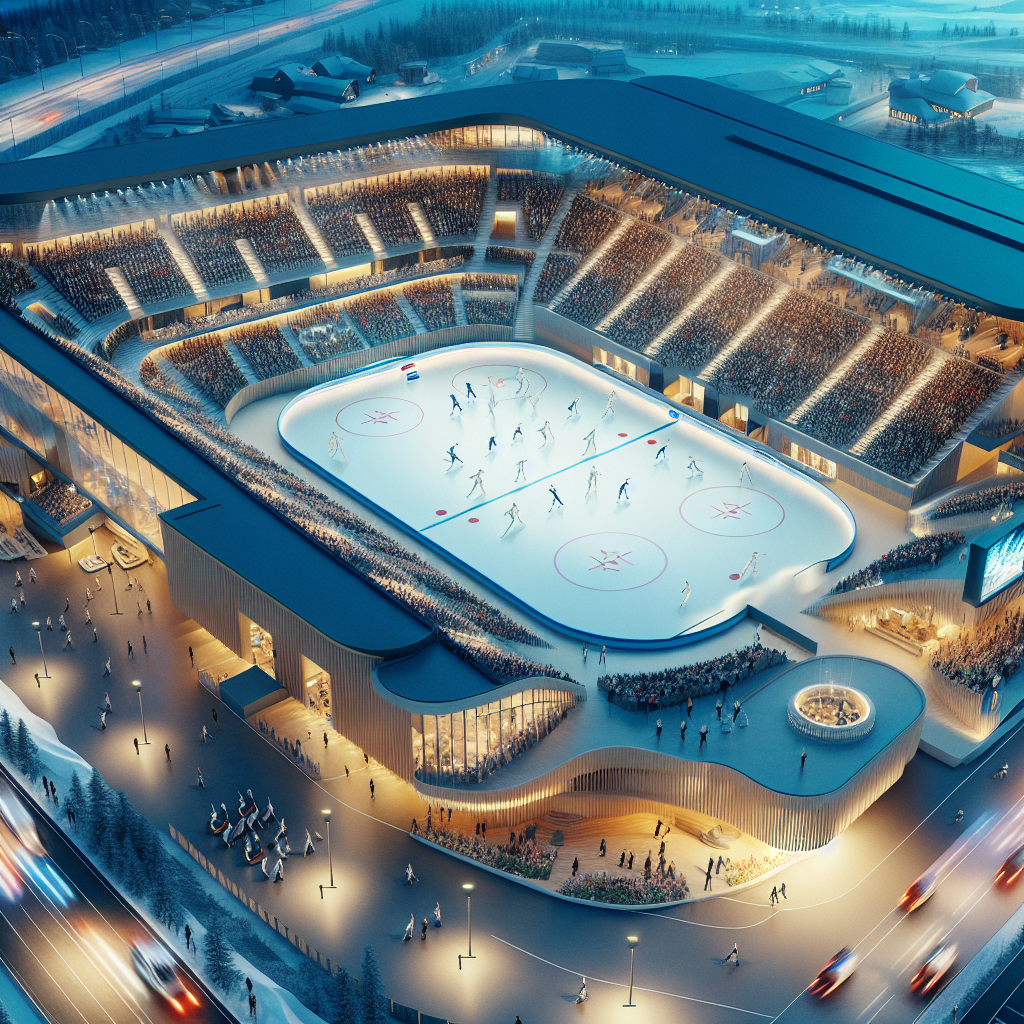 Bred, moderne skøytearena sett fra luften med internasjonale lag i aksjon, blanding av teknologi og tradisjon, nordisk fargetone, høy detaljgrad