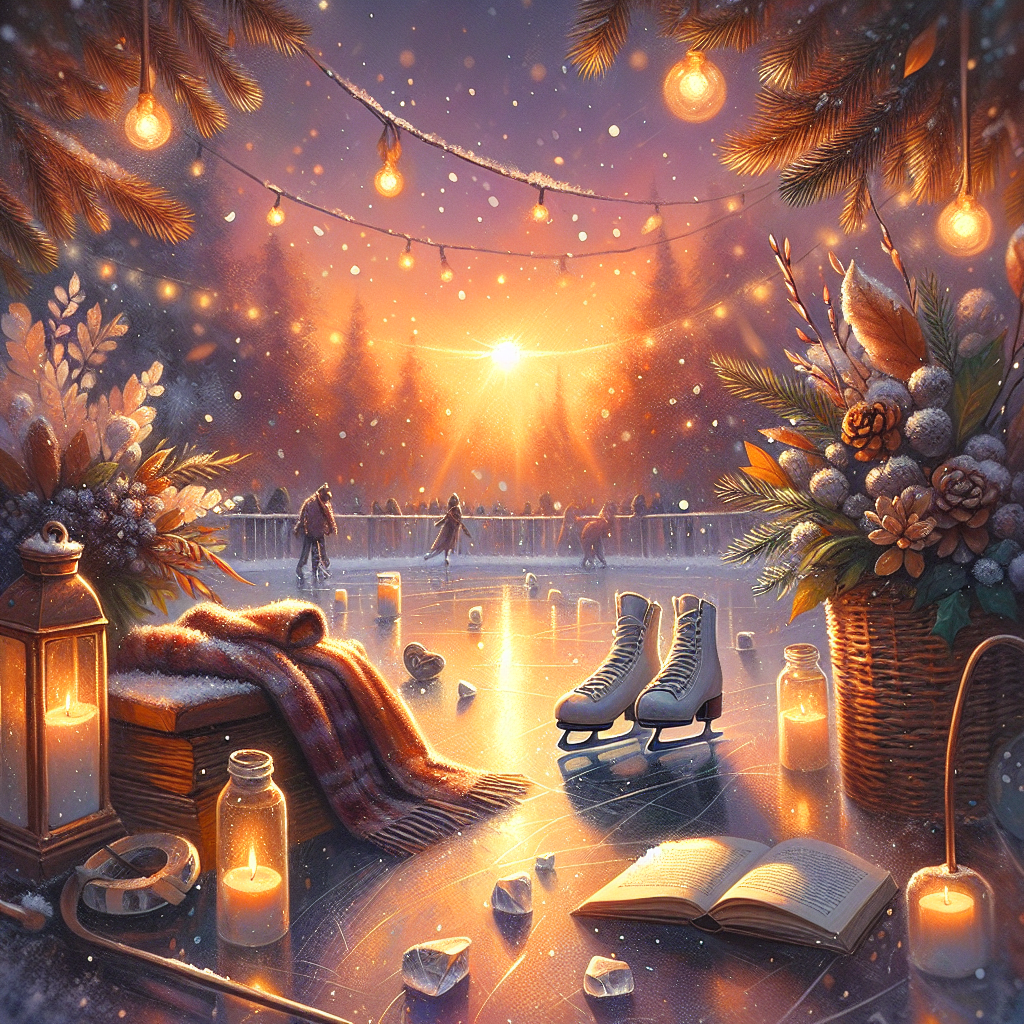 Et poetisk isbilde: en skøytescene på kveld med varme toner, en lesebok liggende på benken ved isen, subtile bokomslag og snøfnugg i luften