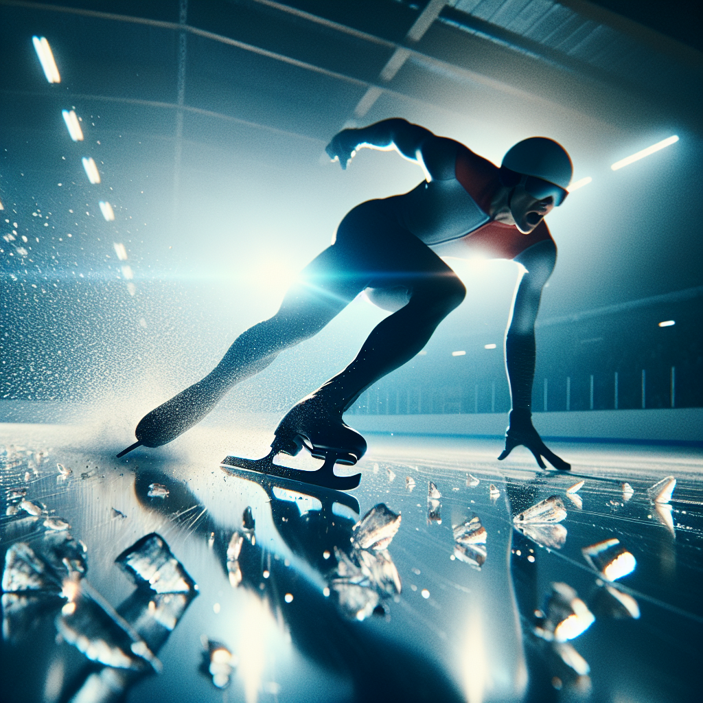 Actionbilde av hurtigløper i lav skøytestilling på innendørs skøytebane, dramatisk lys, skarpt fokus på skøyteskjær og isfliser