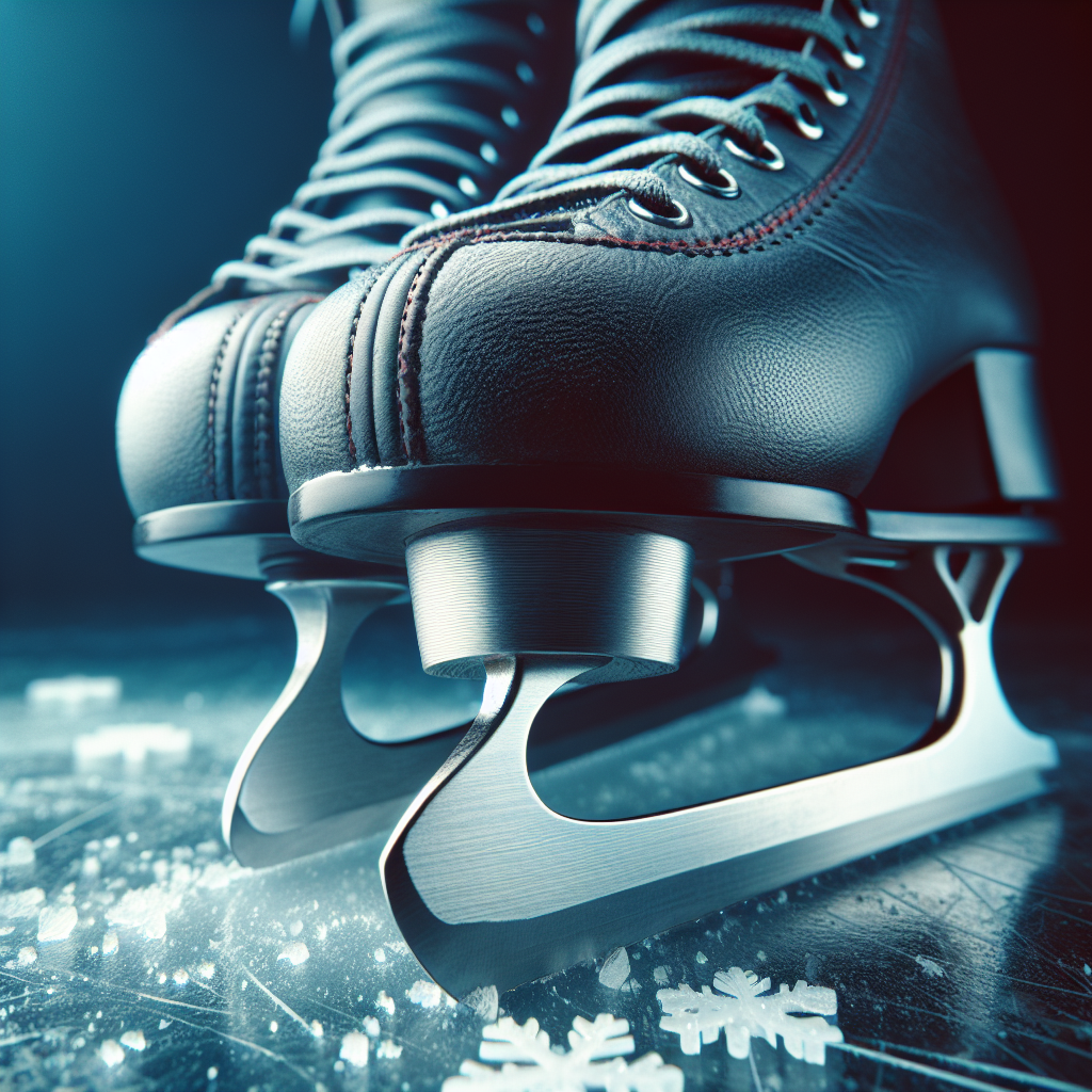 Nærbilde av skøyteblad og støvel på is, fokus på kniv og sliping, profesjonelt, høy oppløsning, kald blå tone